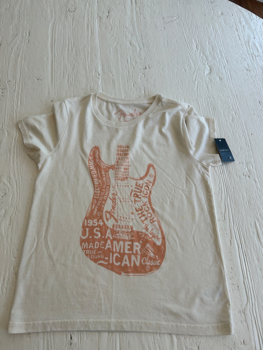 Fender White Tee with Peach Guitar Graphic